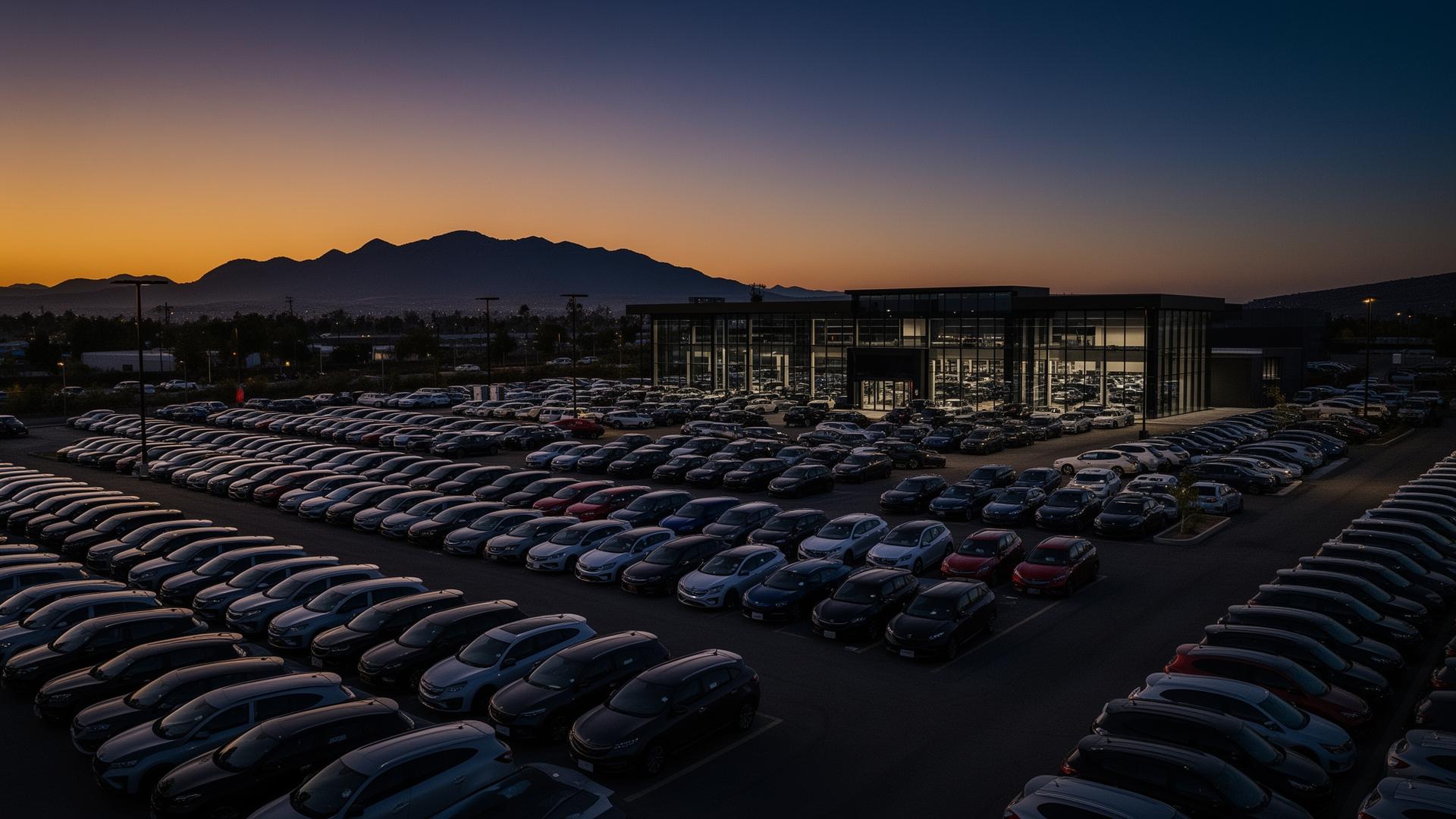 Dealership lot at dusk with rows of vehicles